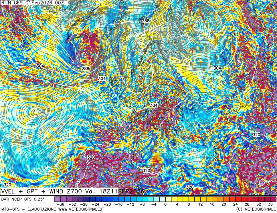 mappa 700 hPa Velocità verticiali + GPT + Vento