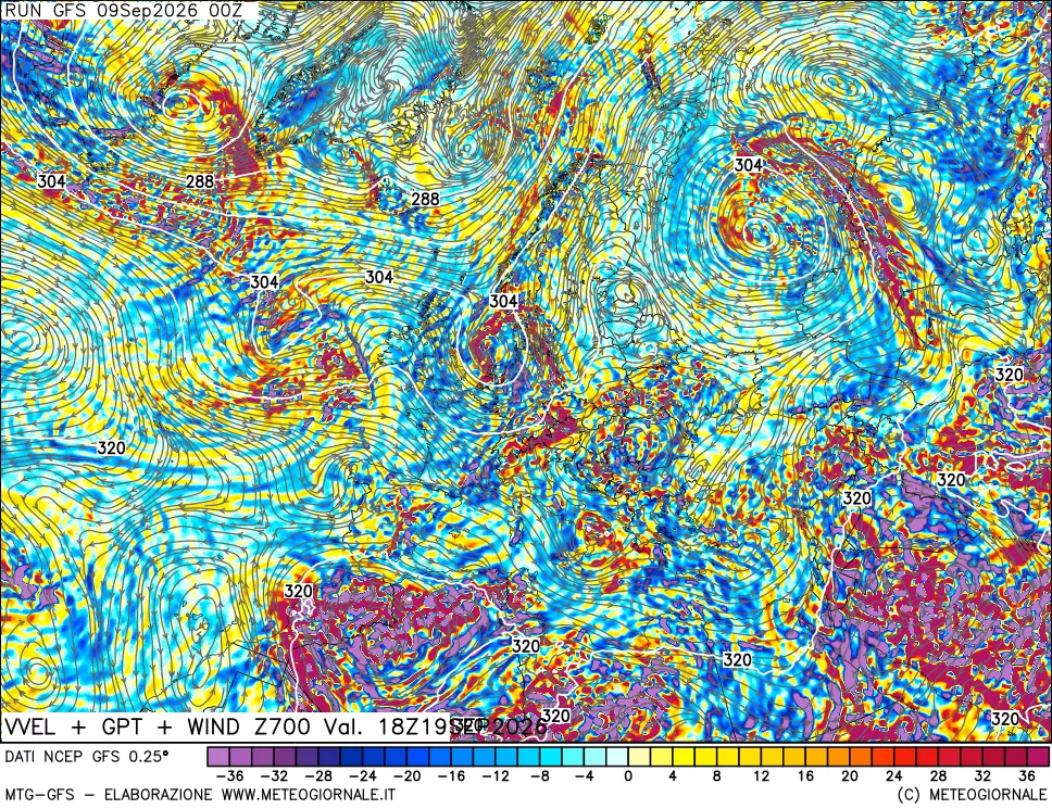 mappa 700 hPa Velocità verticiali + GPT + Vento