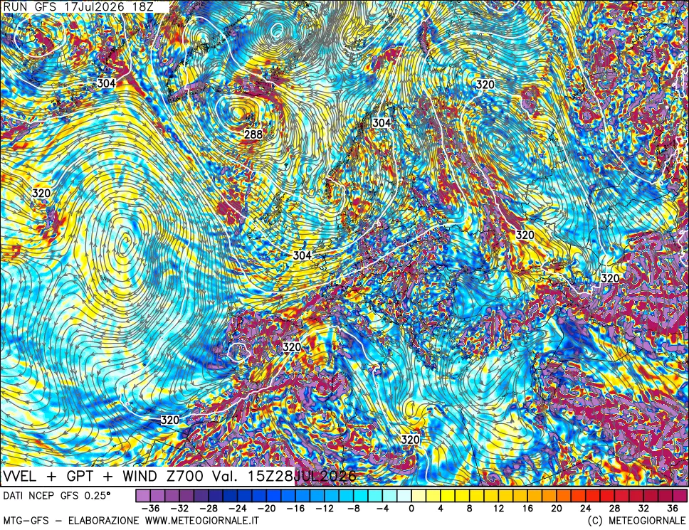 mappa 700 hPa Velocità verticiali + GPT + Vento