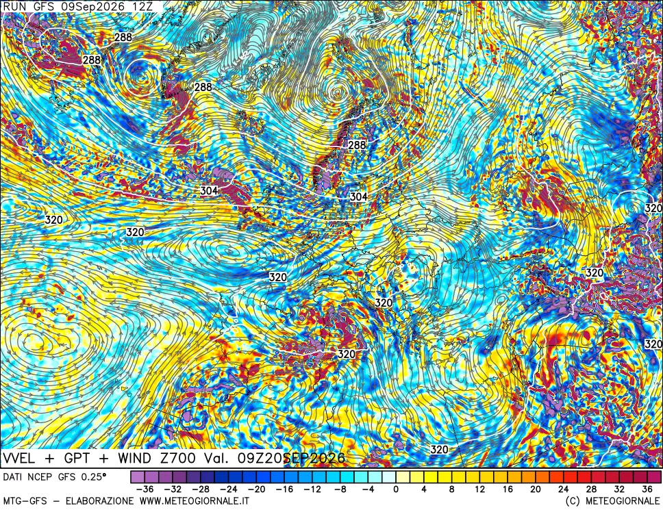 mappa 700 hPa Velocità verticiali + GPT + Vento