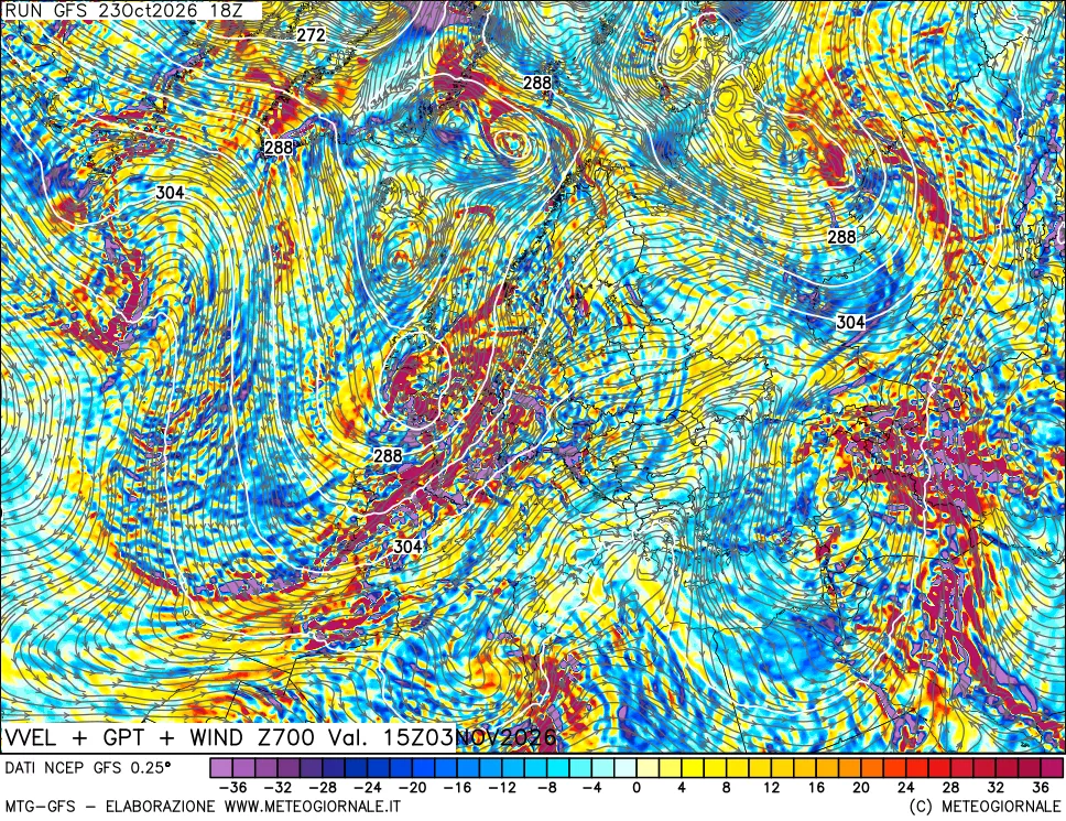 mappa 700 hPa Velocità verticiali + GPT + Vento