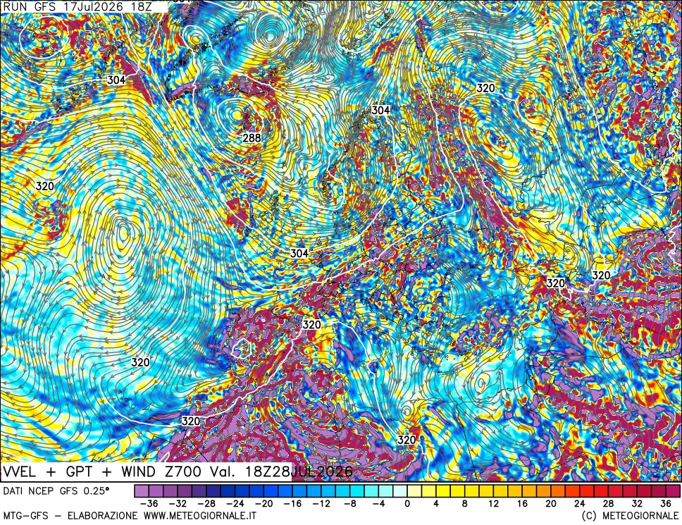 mappa 700 hPa Velocità verticiali + GPT + Vento