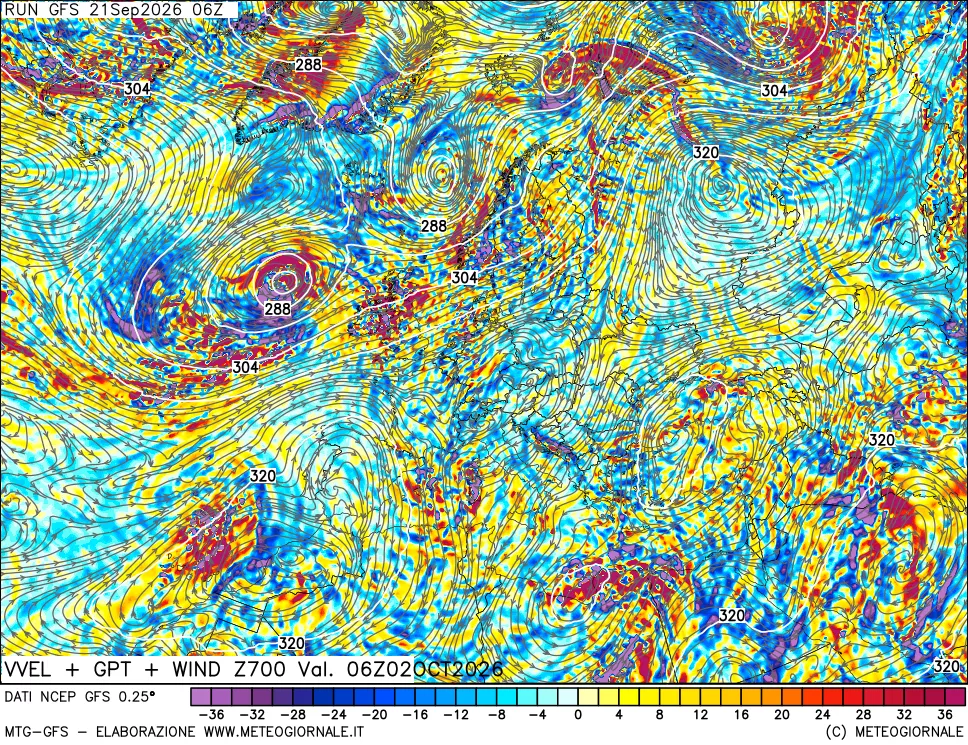 mappa 700 hPa Velocità verticiali + GPT + Vento
