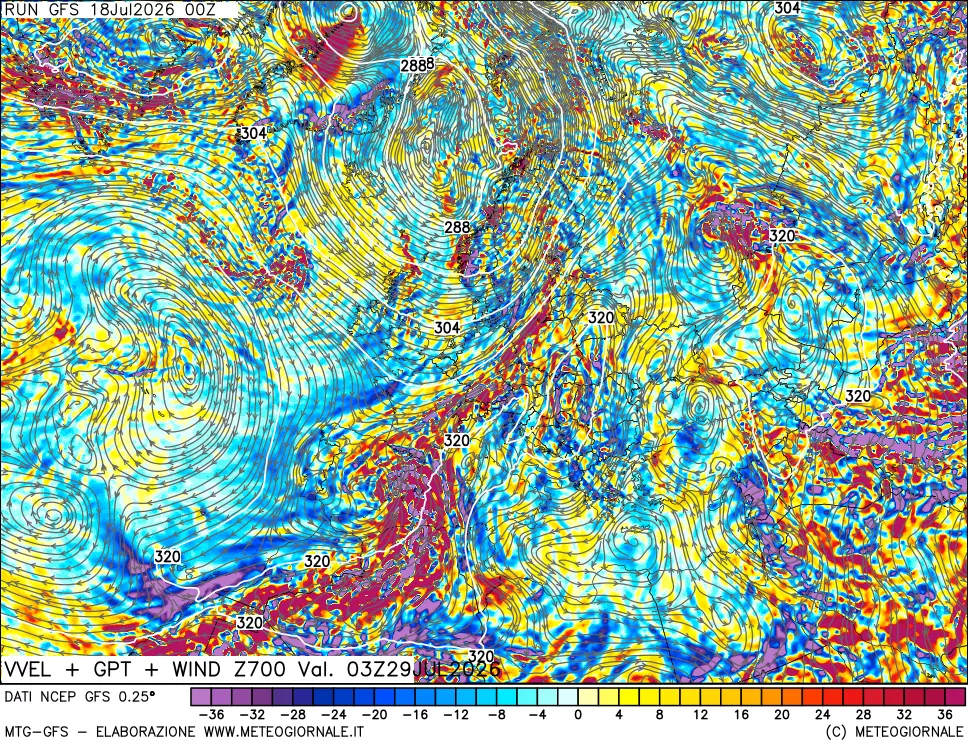 mappa 700 hPa Velocità verticiali + GPT + Vento