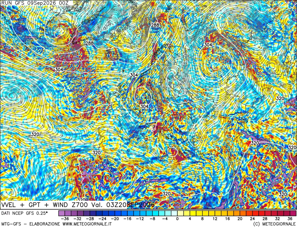 mappa 700 hPa Velocità verticiali + GPT + Vento