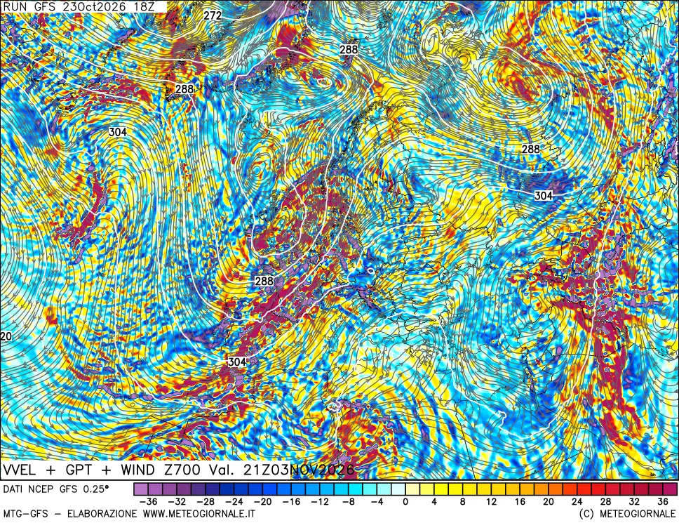 mappa 700 hPa Velocità verticiali + GPT + Vento