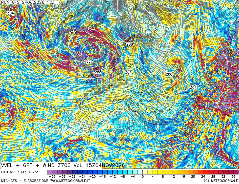 mappa 700 hPa Velocità verticiali + GPT + Vento