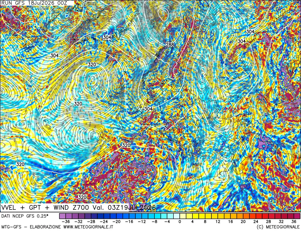 mappa 700 hPa Velocità verticiali + GPT + Vento