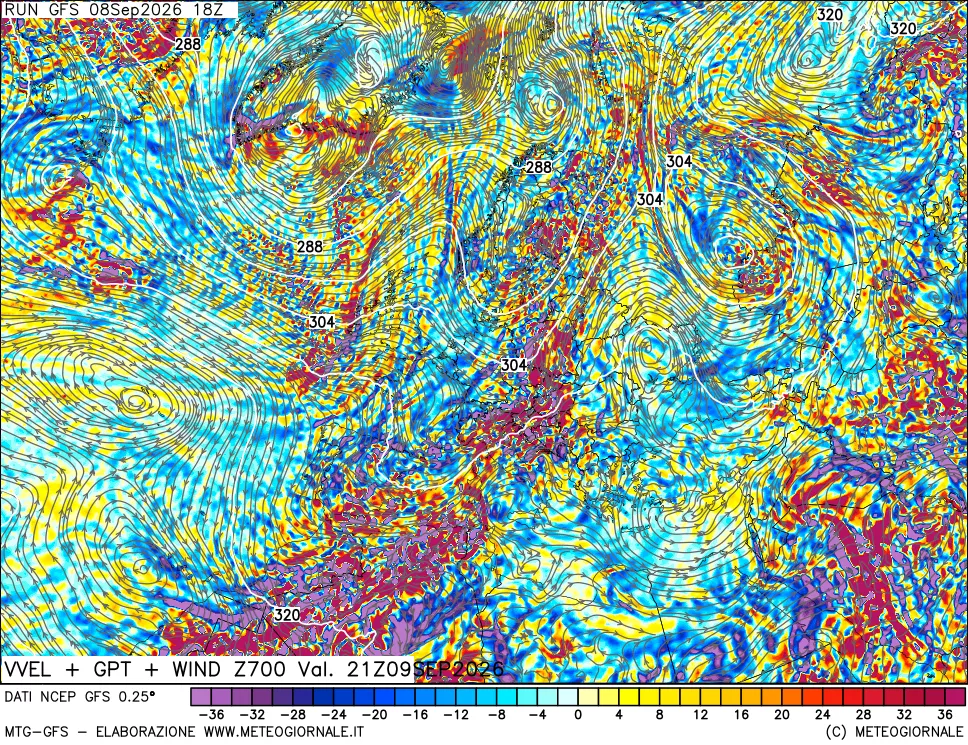 mappa 700 hPa Velocità verticiali + GPT + Vento