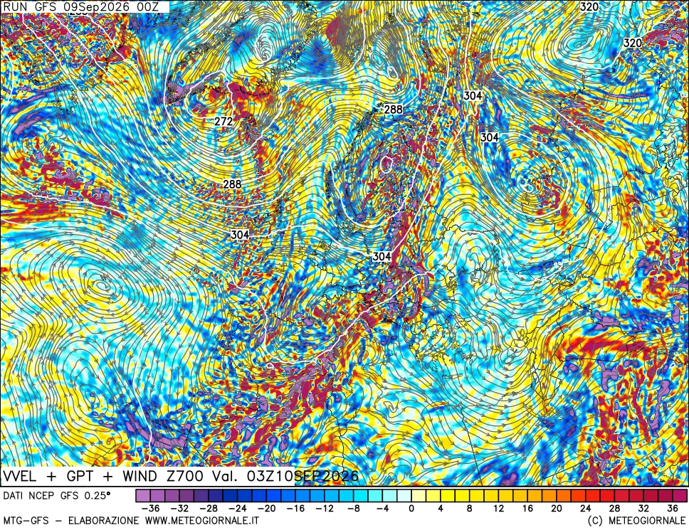 mappa 700 hPa Velocità verticiali + GPT + Vento