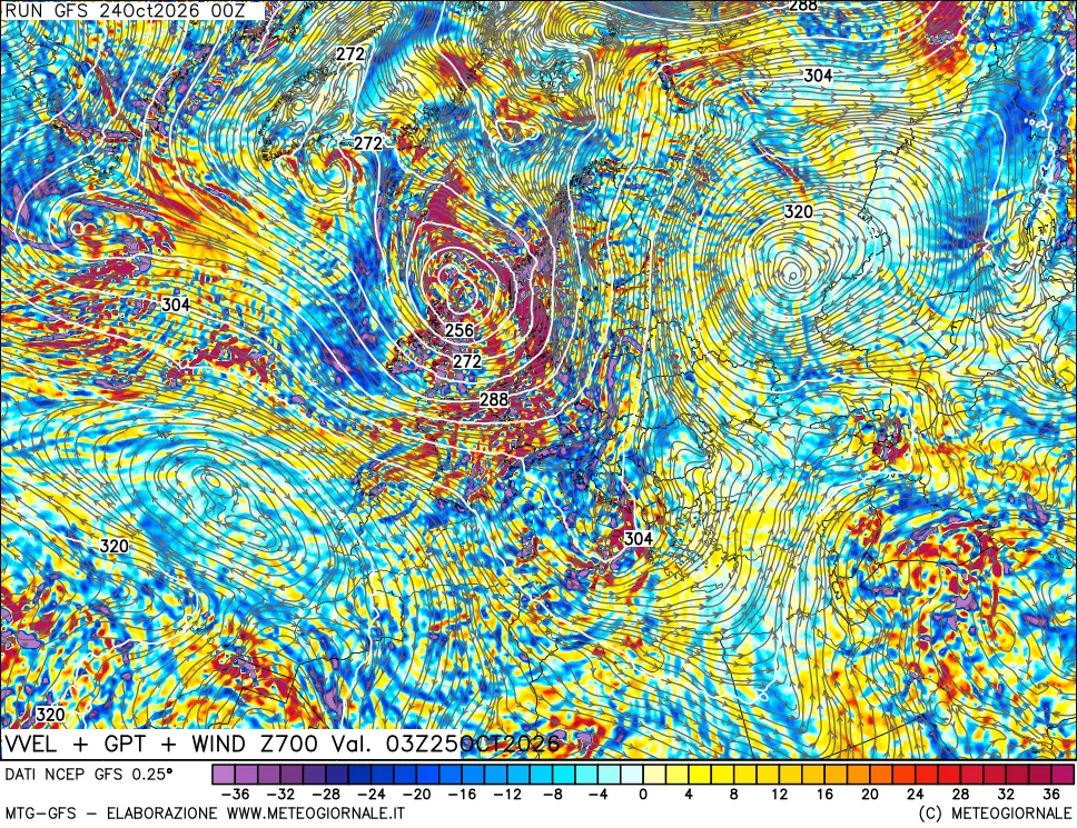 mappa 700 hPa Velocità verticiali + GPT + Vento
