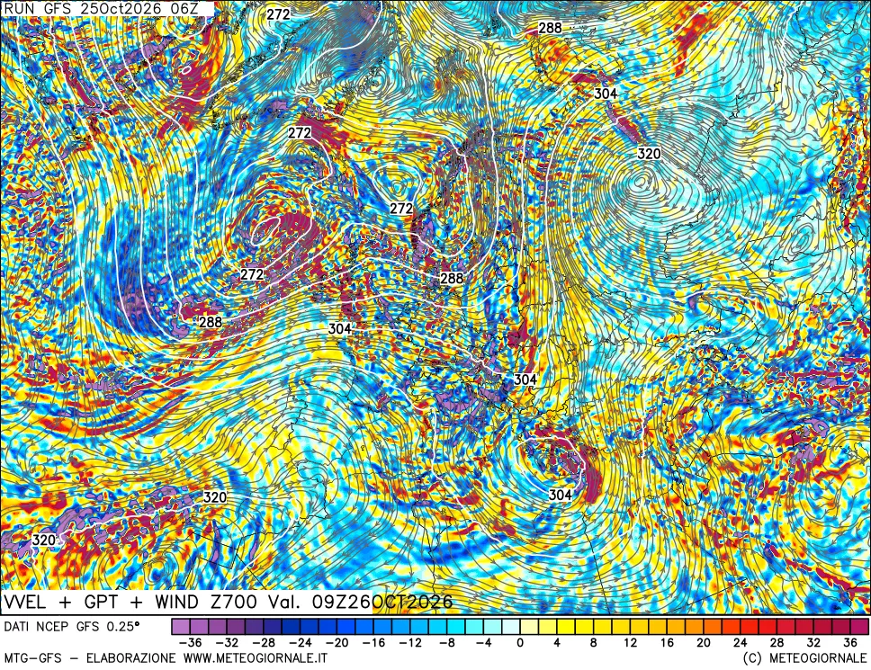 mappa 700 hPa Velocità verticiali + GPT + Vento