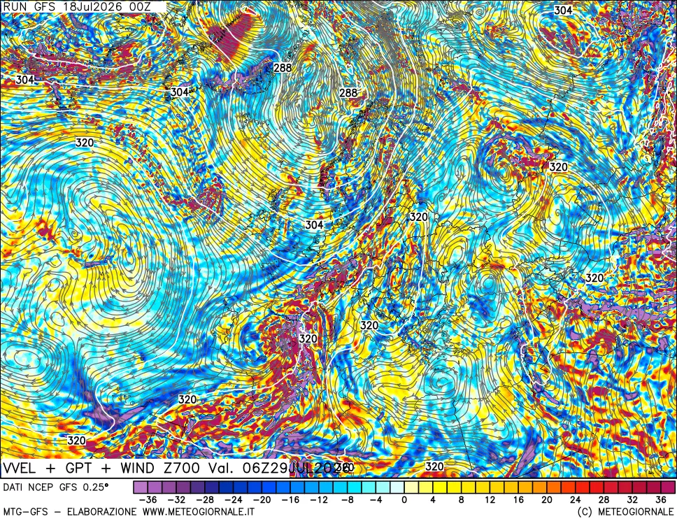 mappa 700 hPa Velocità verticiali + GPT + Vento