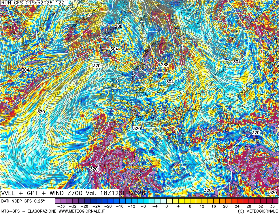 mappa 700 hPa Velocità verticiali + GPT + Vento