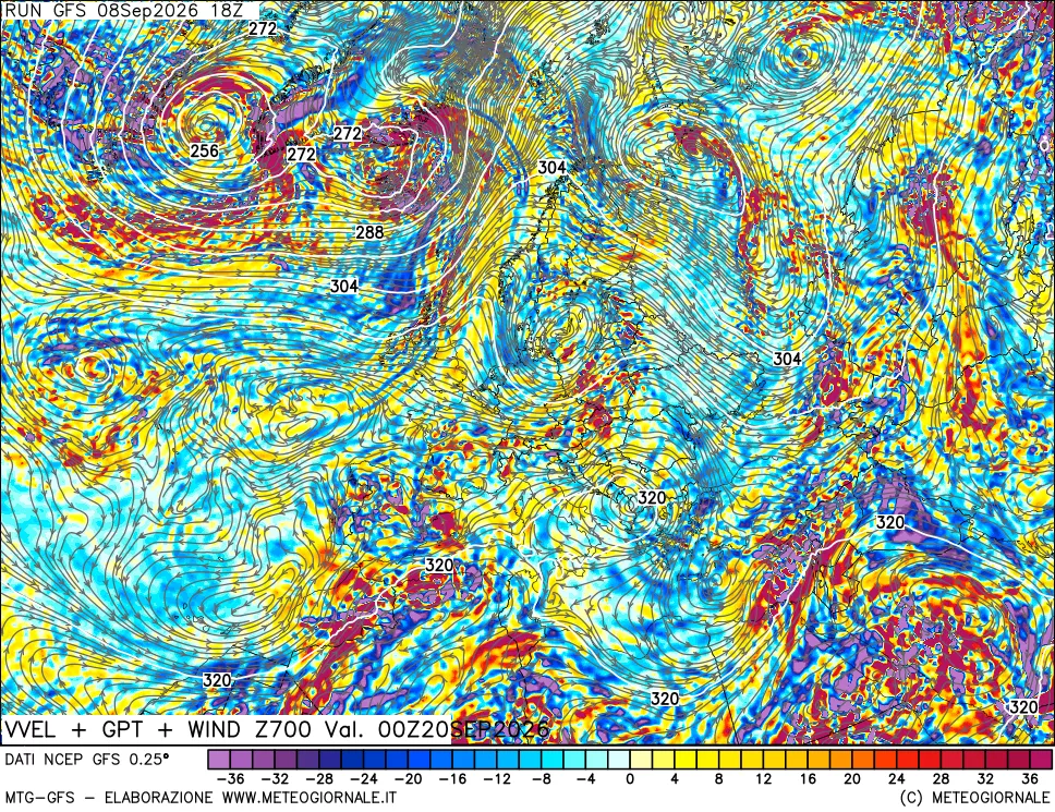 mappa 700 hPa Velocità verticiali + GPT + Vento