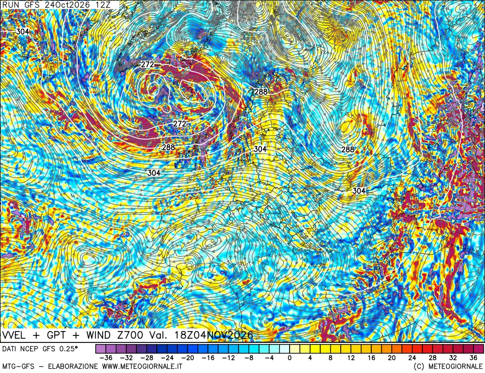 mappa 700 hPa Velocità verticiali + GPT + Vento