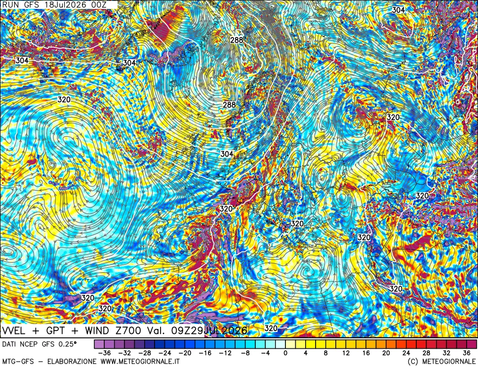 mappa 700 hPa Velocità verticiali + GPT + Vento