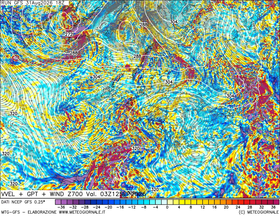 mappa 700 hPa Velocità verticiali + GPT + Vento