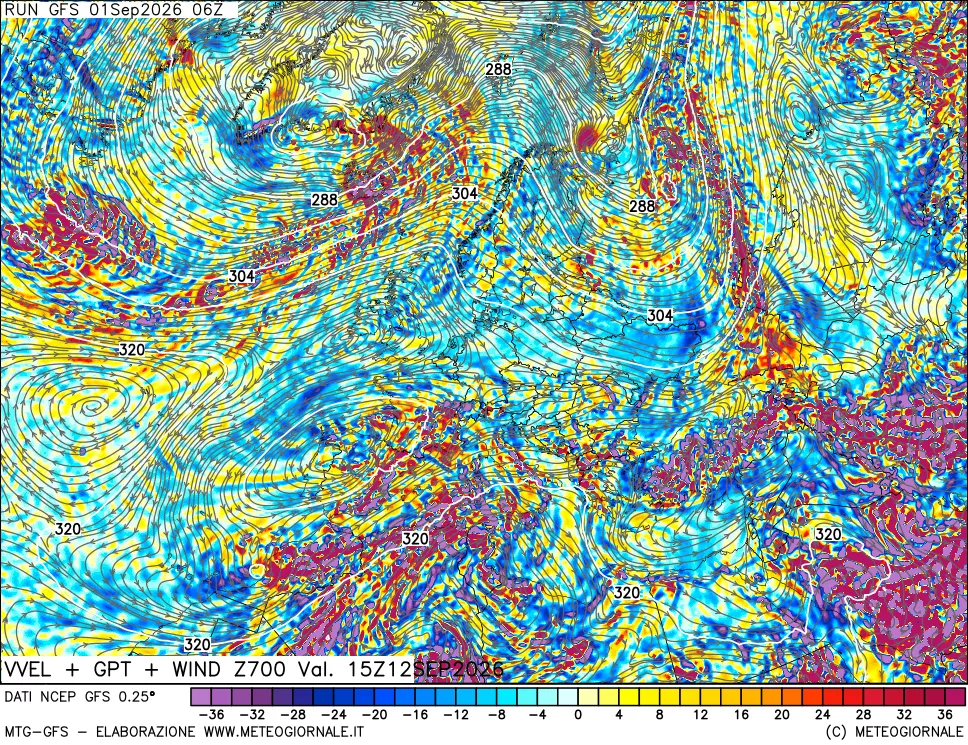 mappa 700 hPa Velocità verticiali + GPT + Vento