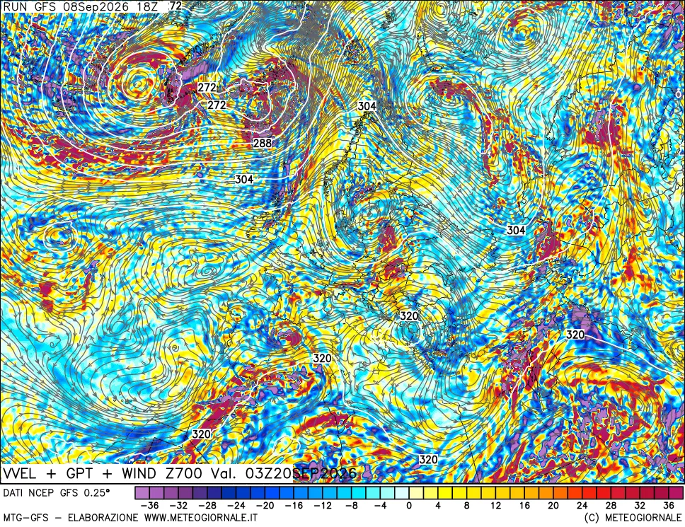 mappa 700 hPa Velocità verticiali + GPT + Vento