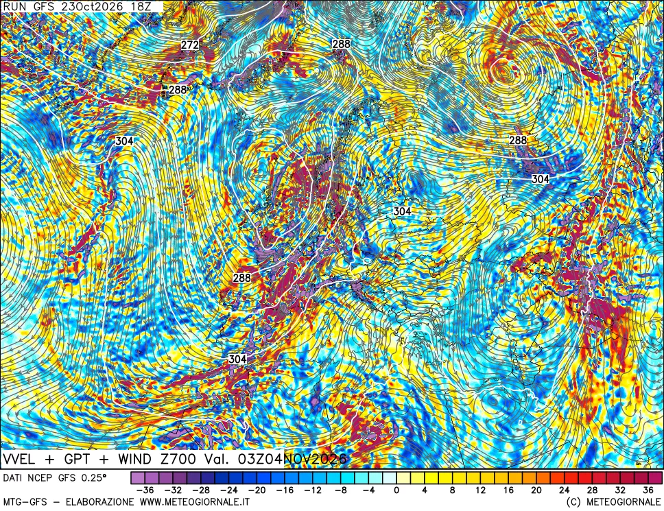 mappa 700 hPa Velocità verticiali + GPT + Vento