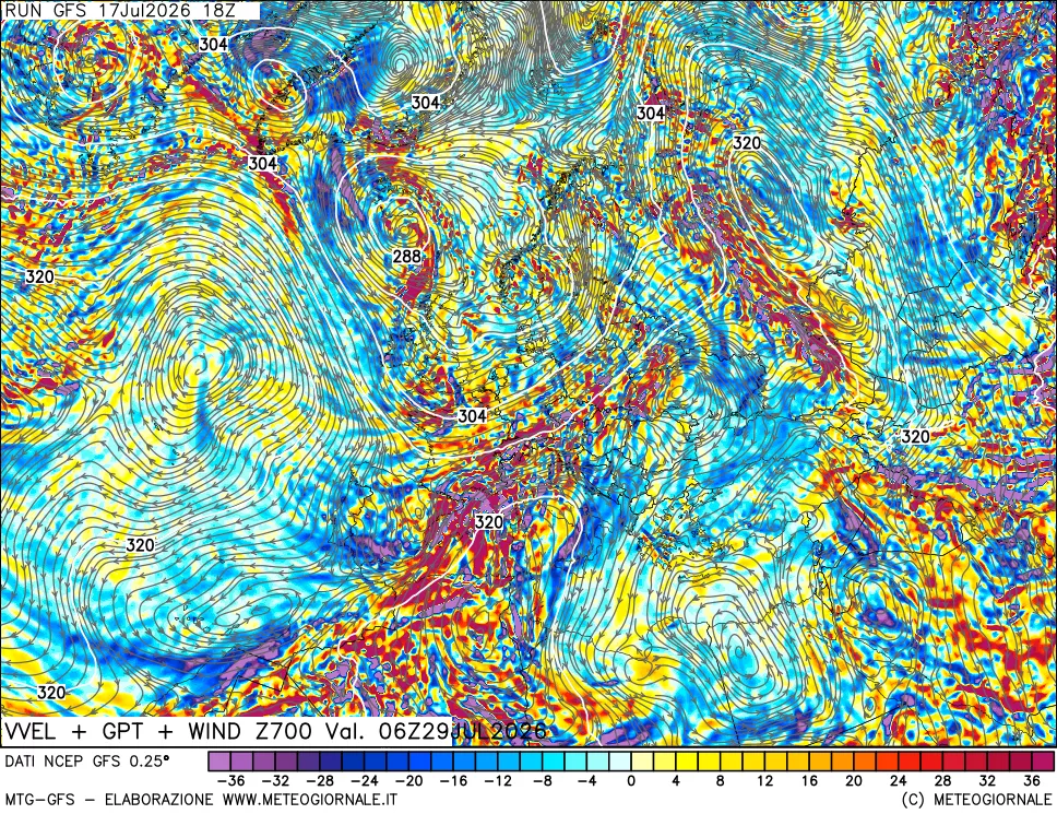 mappa 700 hPa Velocità verticiali + GPT + Vento