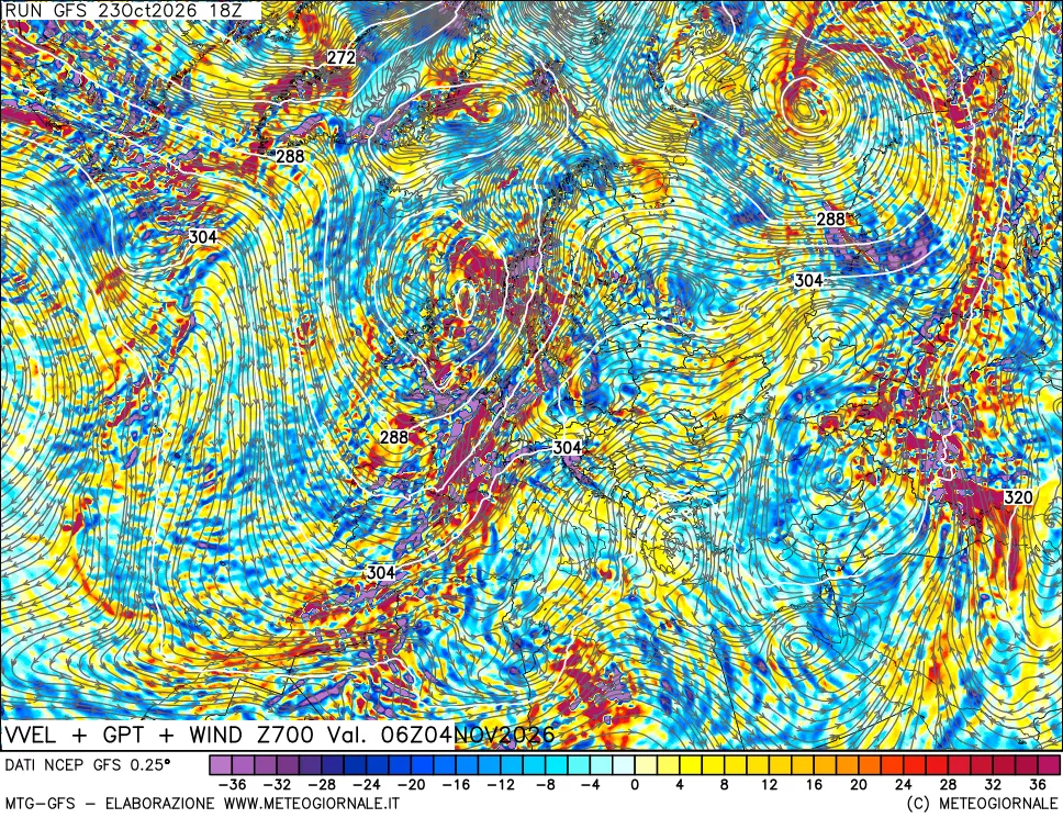 mappa 700 hPa Velocità verticiali + GPT + Vento