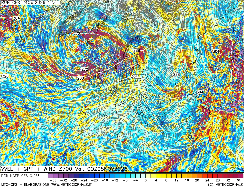 mappa 700 hPa Velocità verticiali + GPT + Vento