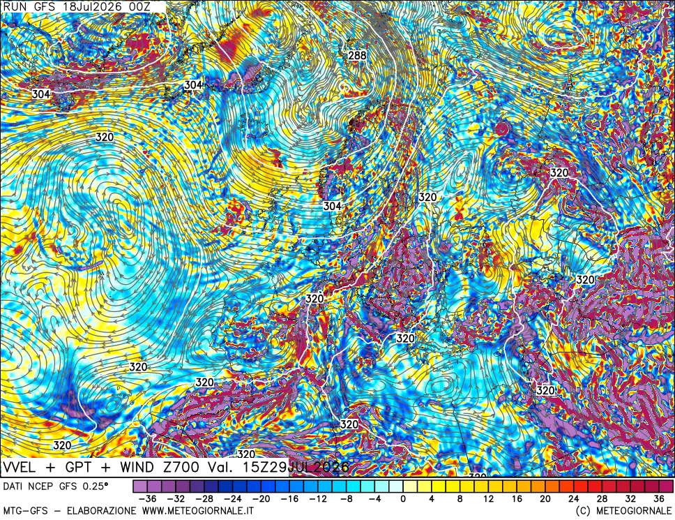 mappa 700 hPa Velocità verticiali + GPT + Vento