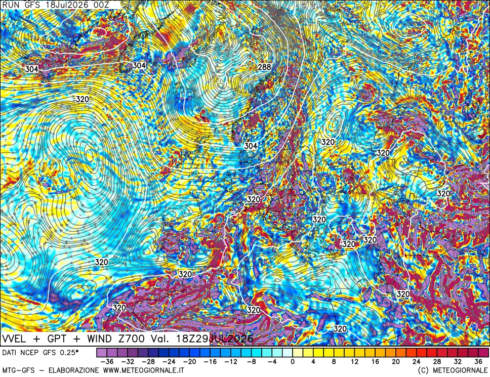 mappa 700 hPa Velocità verticiali + GPT + Vento
