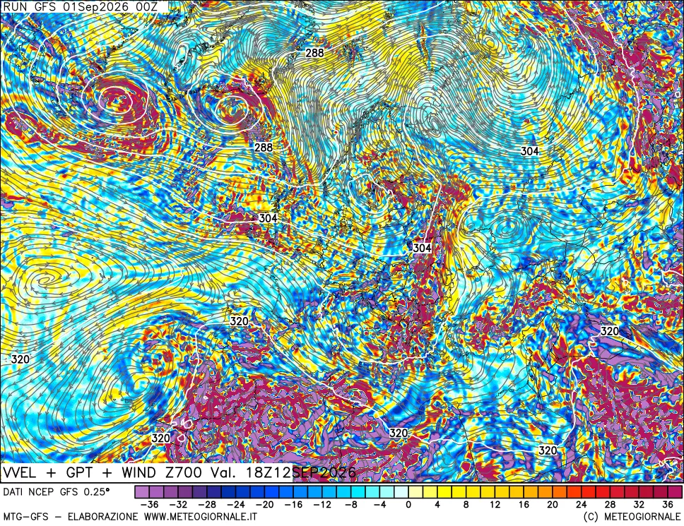 mappa 700 hPa Velocità verticiali + GPT + Vento