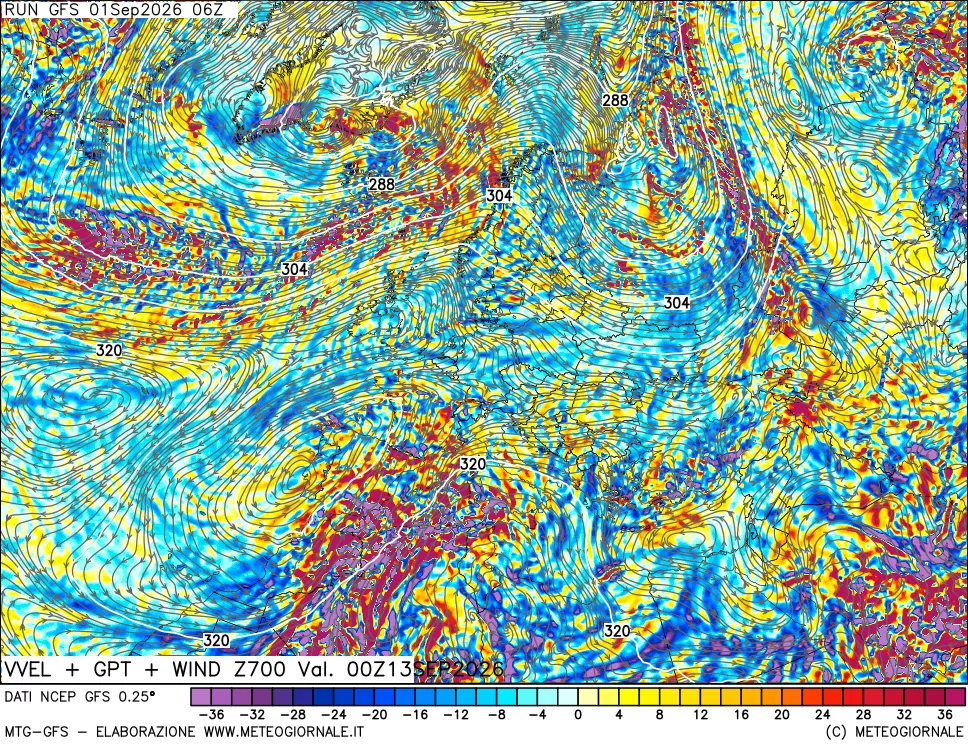 mappa 700 hPa Velocità verticiali + GPT + Vento