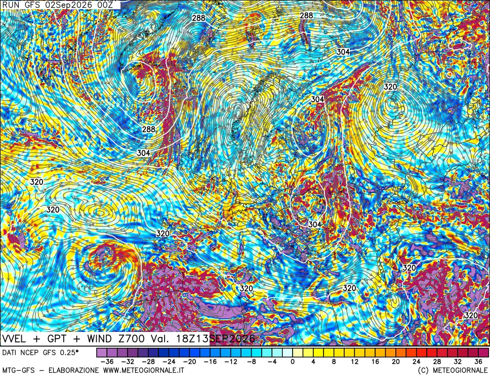 mappa 700 hPa Velocità verticiali + GPT + Vento