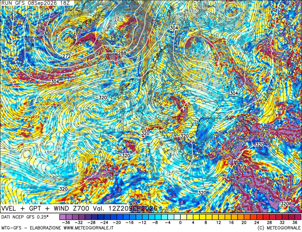 mappa 700 hPa Velocità verticiali + GPT + Vento