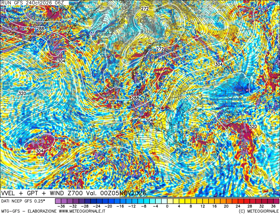 mappa 700 hPa Velocità verticiali + GPT + Vento