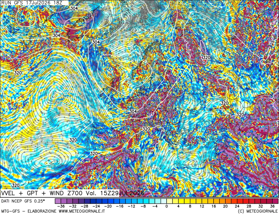 mappa 700 hPa Velocità verticiali + GPT + Vento