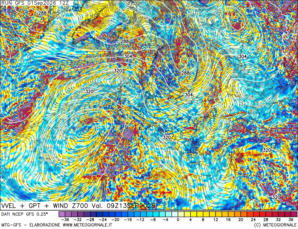 mappa 700 hPa Velocità verticiali + GPT + Vento