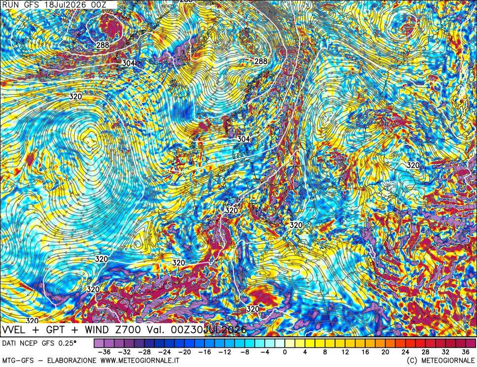 mappa 700 hPa Velocità verticiali + GPT + Vento