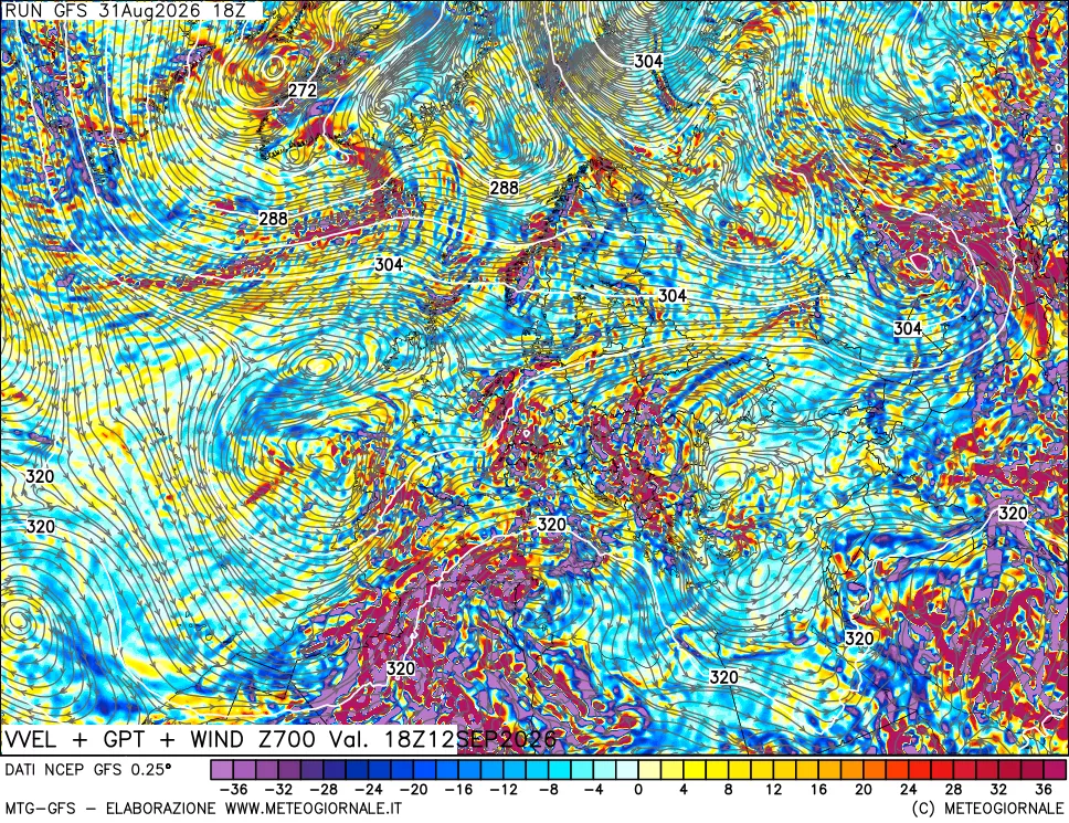 mappa 700 hPa Velocità verticiali + GPT + Vento