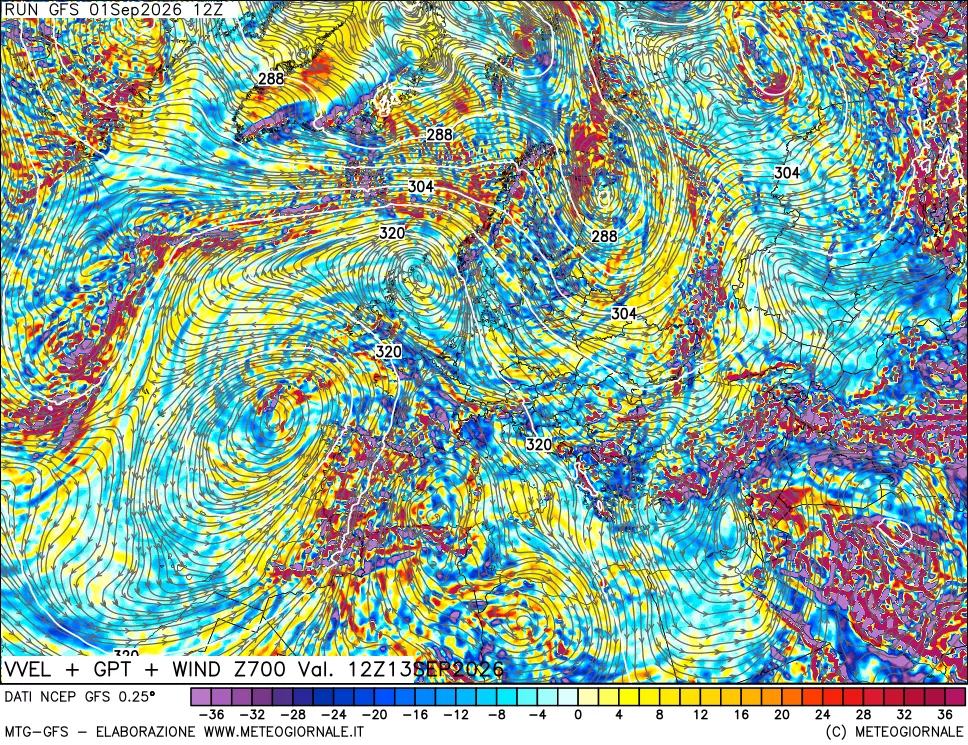 mappa 700 hPa Velocità verticiali + GPT + Vento