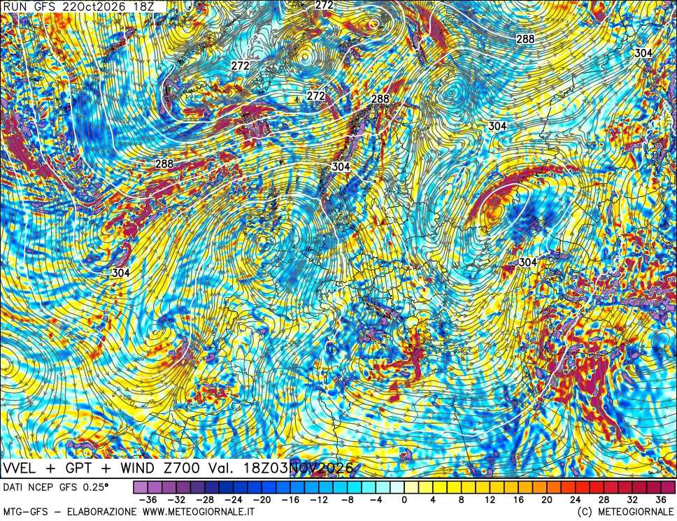 mappa 700 hPa Velocità verticiali + GPT + Vento