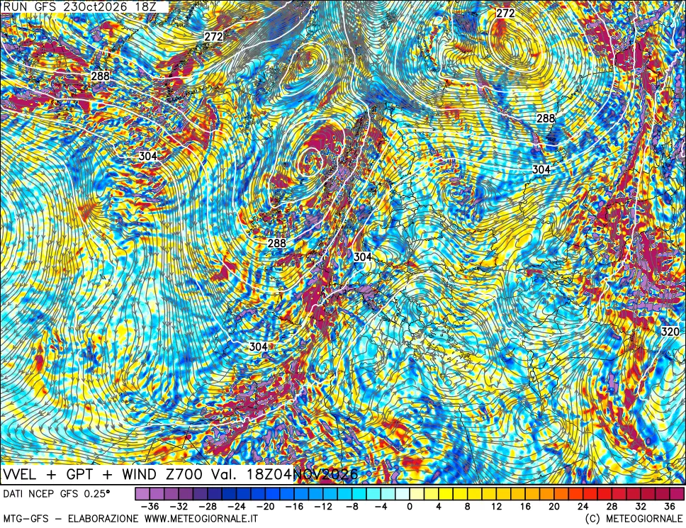 mappa 700 hPa Velocità verticiali + GPT + Vento