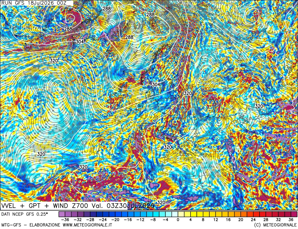 mappa 700 hPa Velocità verticiali + GPT + Vento