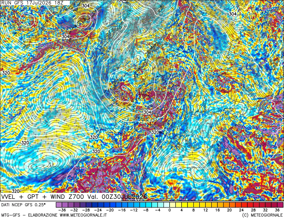 mappa 700 hPa Velocità verticiali + GPT + Vento