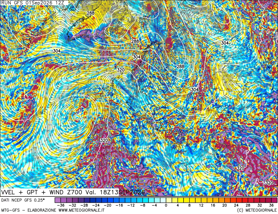 mappa 700 hPa Velocità verticiali + GPT + Vento