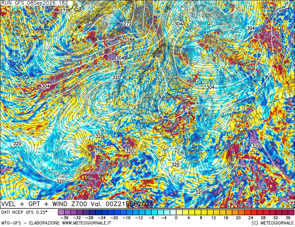 mappa 700 hPa Velocità verticiali + GPT + Vento