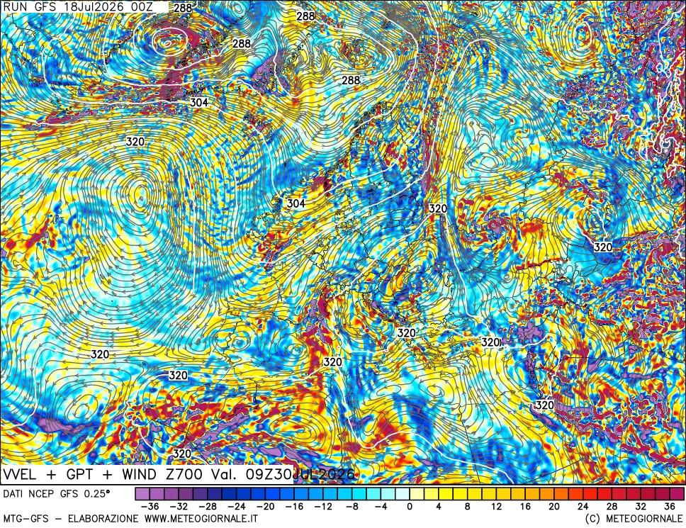 mappa 700 hPa Velocità verticiali + GPT + Vento