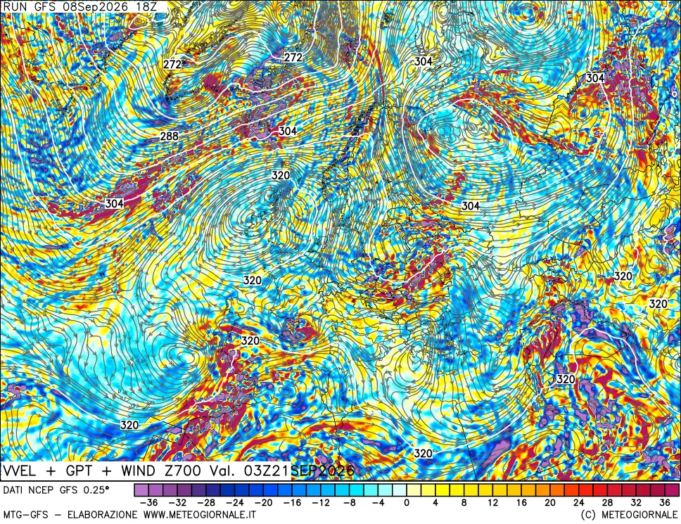 mappa 700 hPa Velocità verticiali + GPT + Vento
