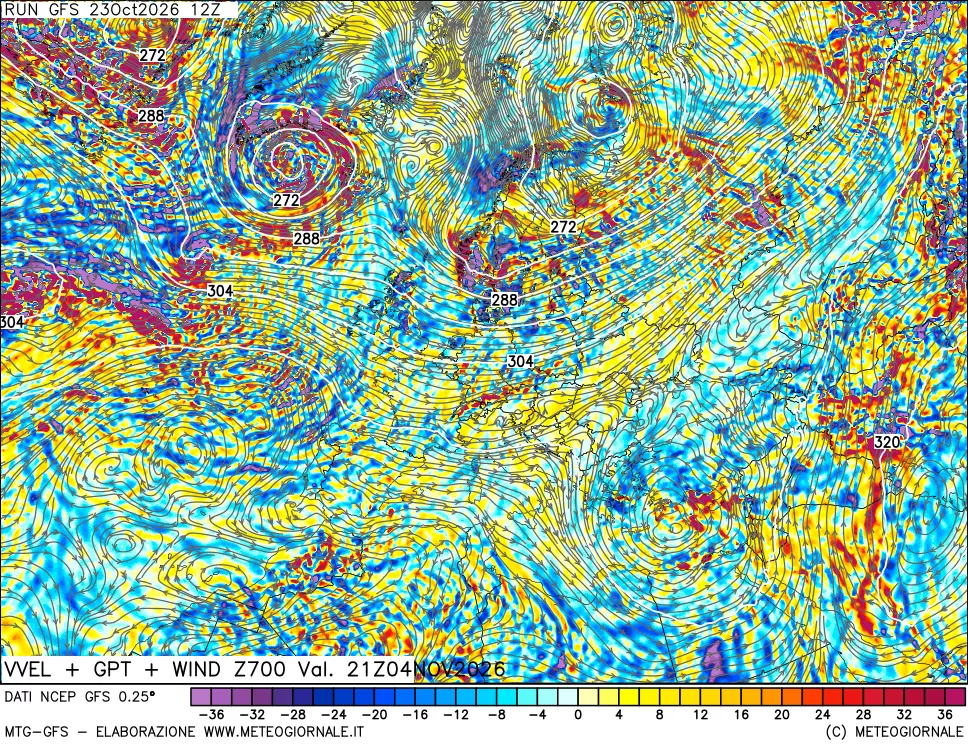 mappa 700 hPa Velocità verticiali + GPT + Vento