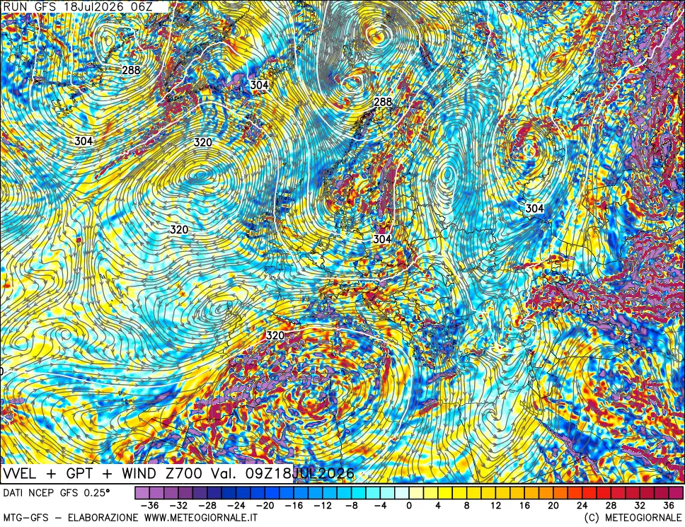 mappa 700 hPa Velocità verticiali + GPT + Vento
